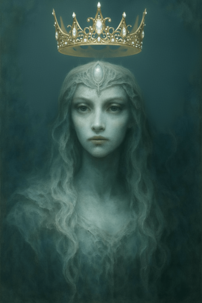 Woman wearing an elaborate, translucent crown with a glowing jewel