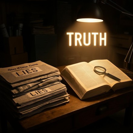 Stack of newspapers labeled 'LIES.' next to an open book with magnifying glass under desk lamp