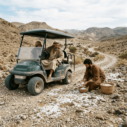 Three men in traditional desert clothing gathering salt next to a golf cart on a rocky desert path.