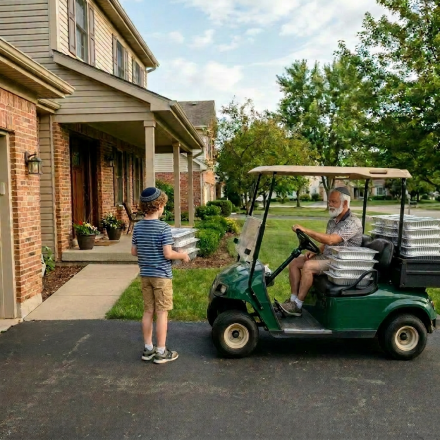 Child holding multiple aluminum food trays walking near a golf cart outside a brick house