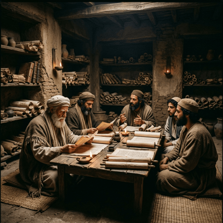 Five men dressed in ancient attire studying scrolls and manuscripts around a wooden table