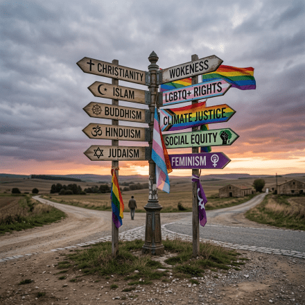 Signpost with arrows pointing to Christianity, Islam, Buddhism, Hinduism, Judaism, Wokeness, LGBTQ+ rights, Climate Justice, Social Equity, and Feminism with flags