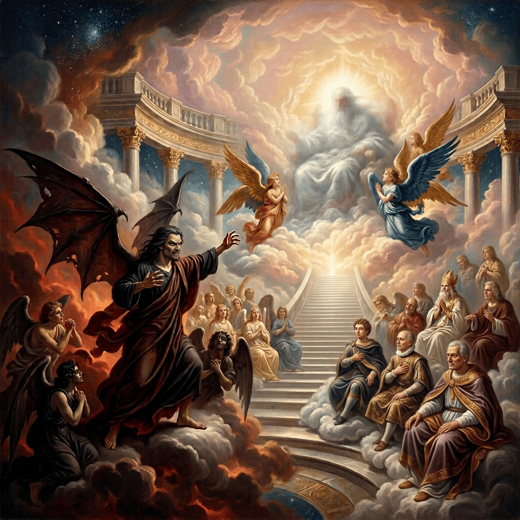 White-robed deity enthroned among angels, saints, and dark winged figures